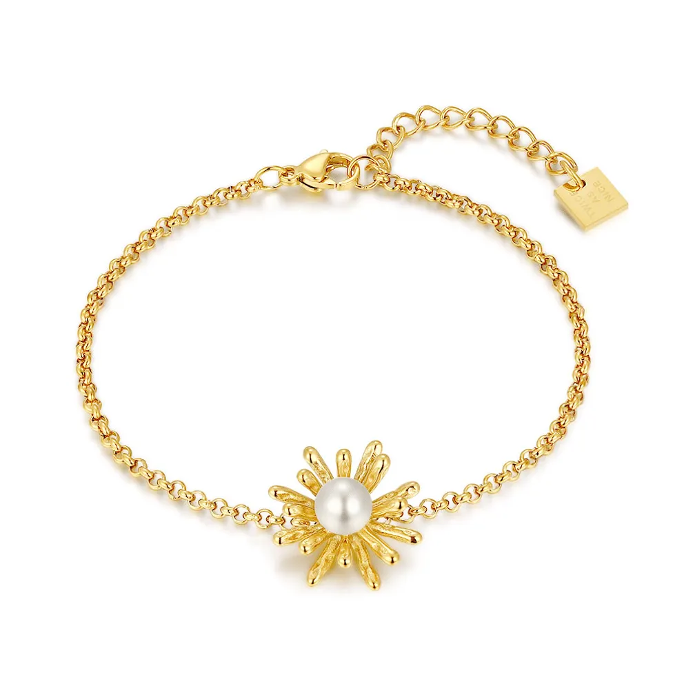Armband in edelstaal, bloem met parel