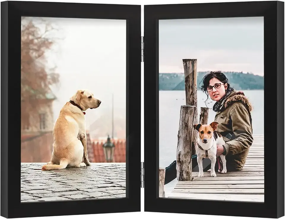 4x6 Double Picture Frame Wooden Hinged Photo Frame Definition Glass Stand Vertically on Desktop or Tabletop Black