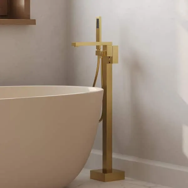 GRANDJOY Floor Mount 2-Handle Freestanding Tub Faucet Claw Foot Tub Faucet Bathtub Filler with Hand Shower in Brushed Gold
