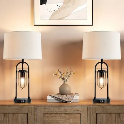 Ahmauri 26-in Dark Bronze LED 4-way Table Lamp with Linen Shade 2 -Set