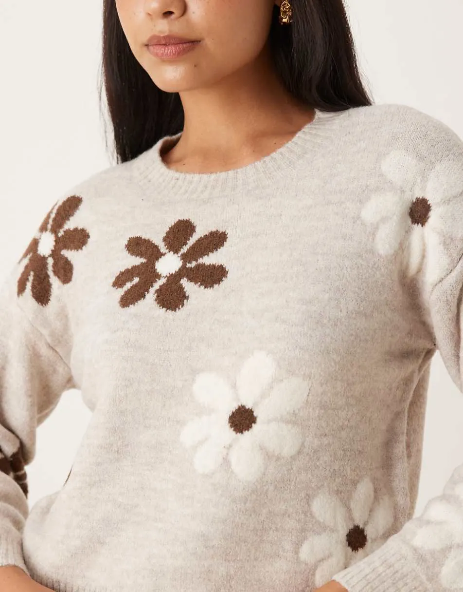 Brave Soul crew neck knitted jumper with flower detail in multi