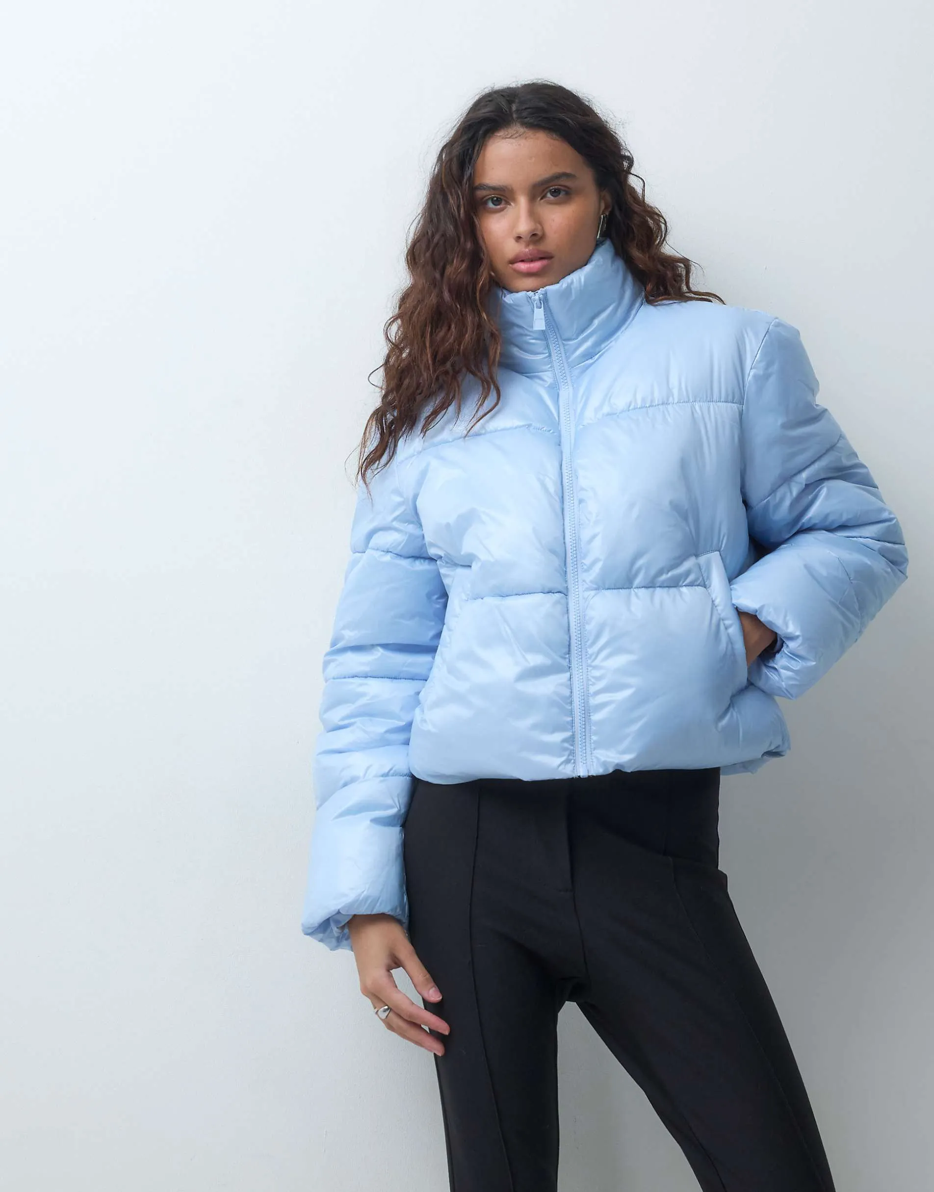 Pieces funnel neck short padded coat in light blue