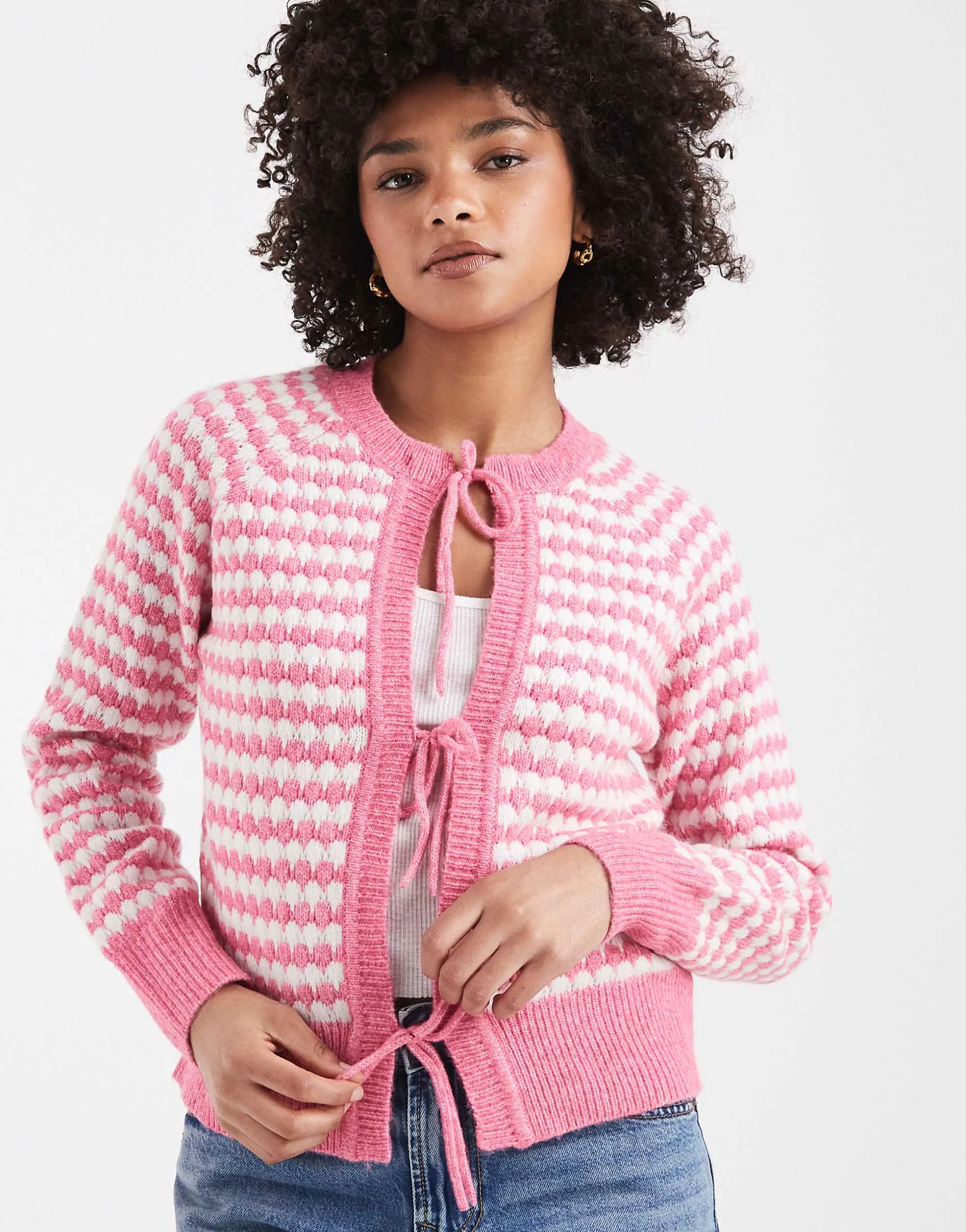 Threadbare tie front knitted cardigan in pink and white stripe