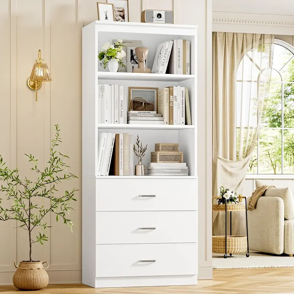 71" H White Bookshelf with Drawers, Bookshelf and Bookcase with 3-Tier Open Shelves, Tall Bookcase Tall Storage Cabinet for Home Office