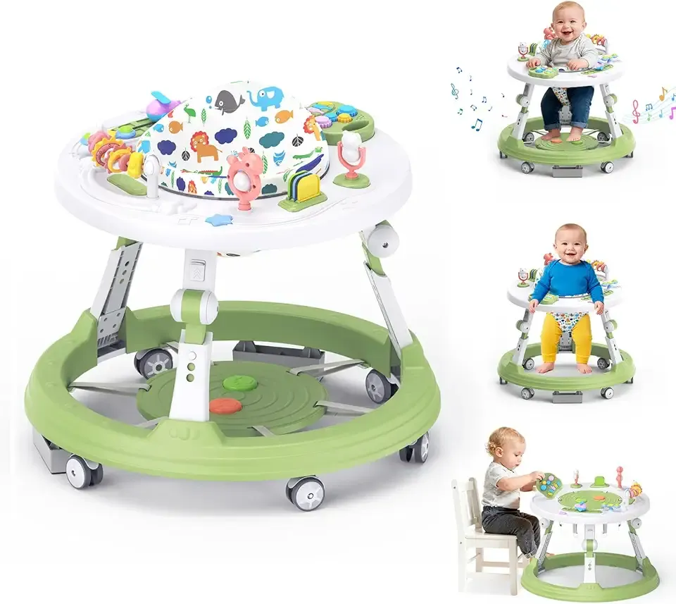 Baby Walker Foldable, 4-in-1 Toddler Infant Walkers with Wheels, 360-degree Rotatable Play Tray, for Boys and Girls 6-18 Months- Activity Center, 3-Gear Height Adjustable, Music and Lights(Green)