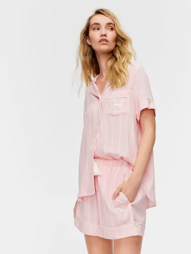 Light Pink Stripe 100% Textured Viscose Mid Short