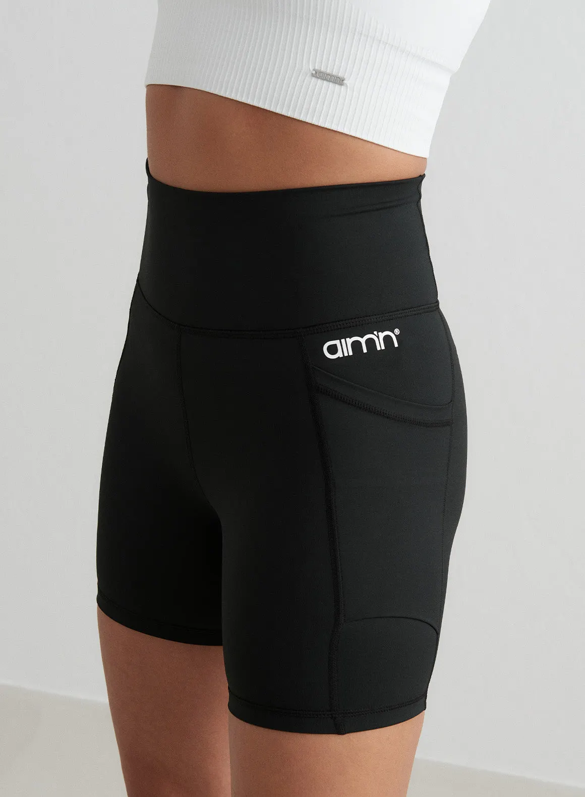 Black Double Pocket Midi Biker Shorts