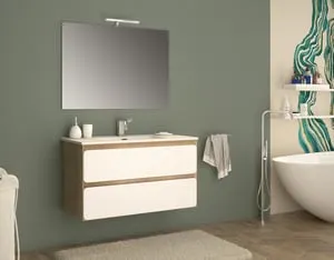 Mobile bagno sospeso con lavabo e specchio L 100 x H 55 x P 46 cm scocca rovere tabacco e frontali bianco opaco 2 cassetti per vasca centrale OSLO