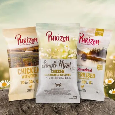 Offre d'essai : Croquettes, boîtes et friandises Purizon pour chat Croquettes Single Meat Adult poulet, fleurs de camomille (100 g)
