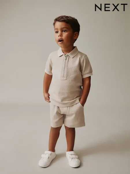 Neutral Zip Neck Short Sleeve Polo Shirt And Shorts Set (3mths-7yrs)