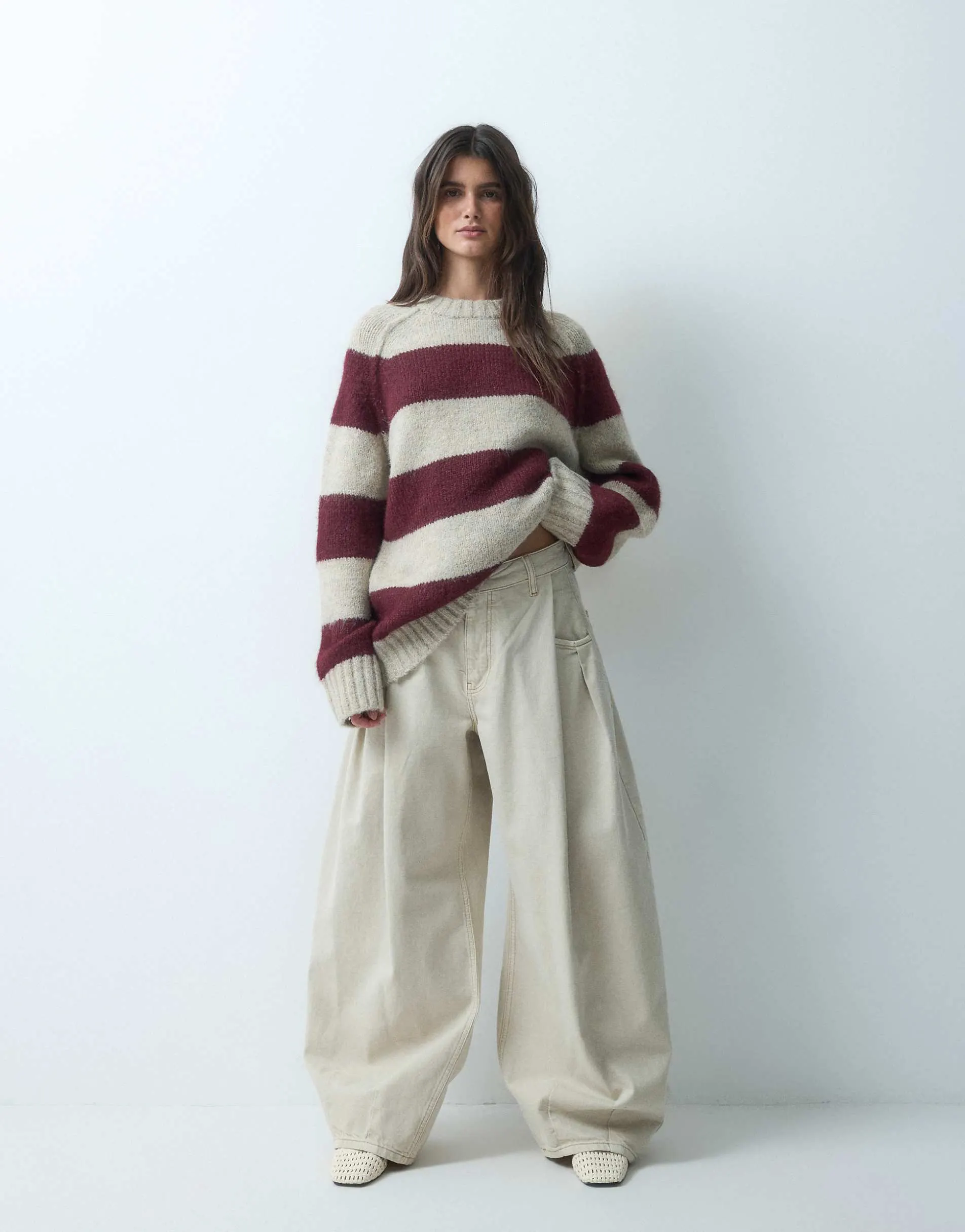 ASOS DESIGN oversized fluffy jumper in burgundy and oatmeal stripe