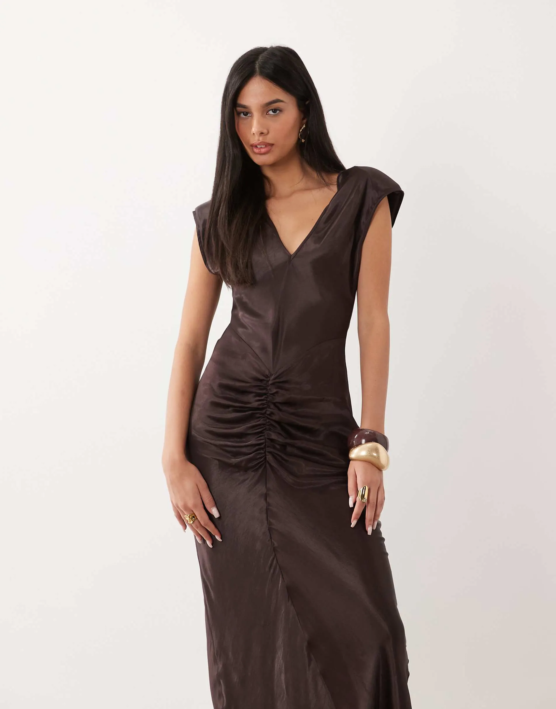 ASOS DESIGN satin shoulder pad maxi dress in chocolate