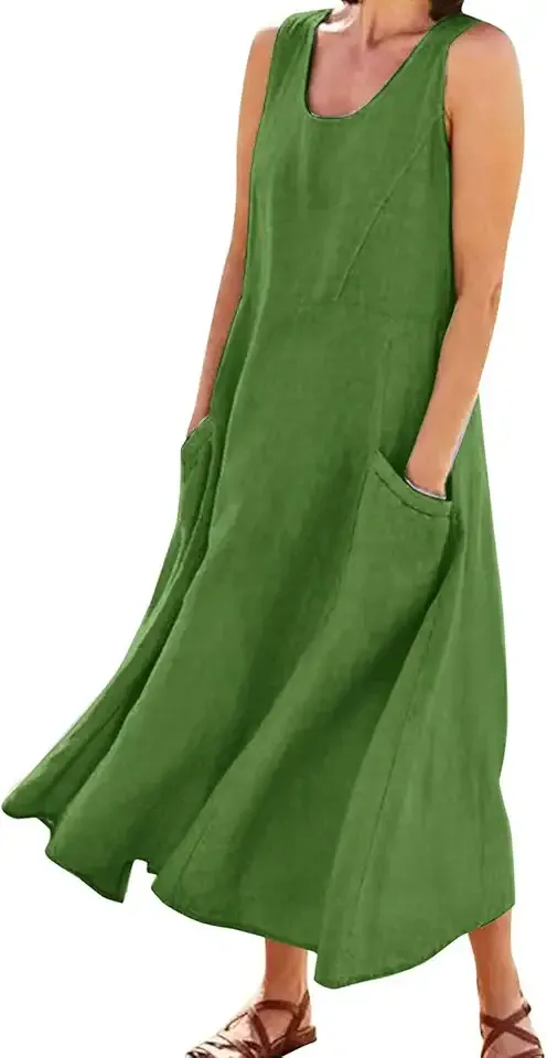 Women's Linen Dress Sleeveless Cotton Linen Maxi Dresses Plus Size Flowy Tank Sundress Beach Vacation Outfits