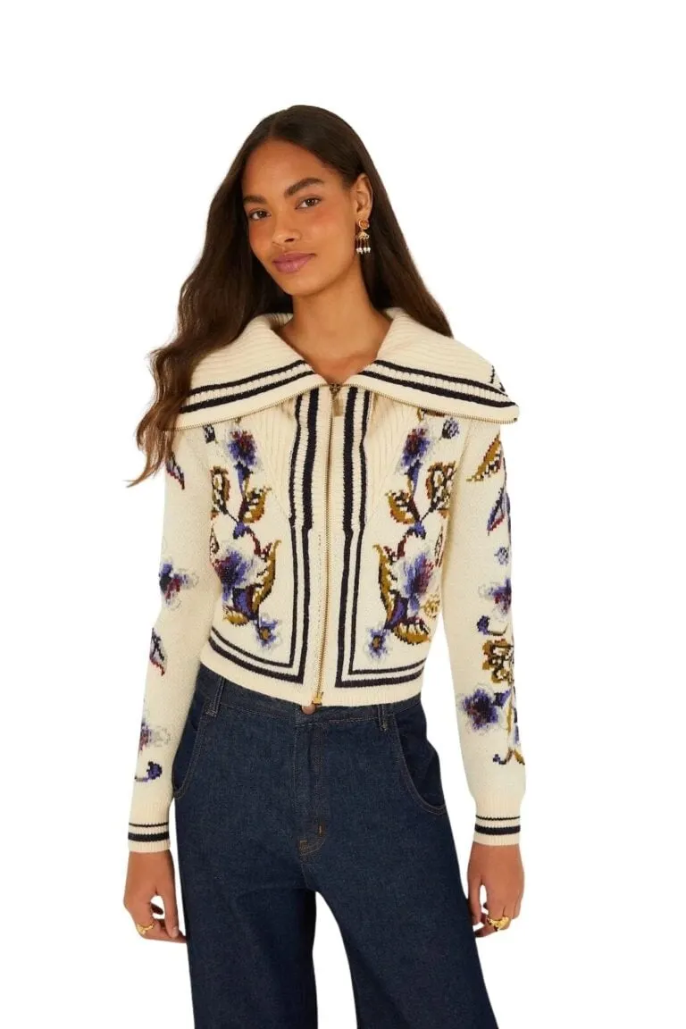 Golden Nature Full Zipper Knit Cardigan - Offwhite