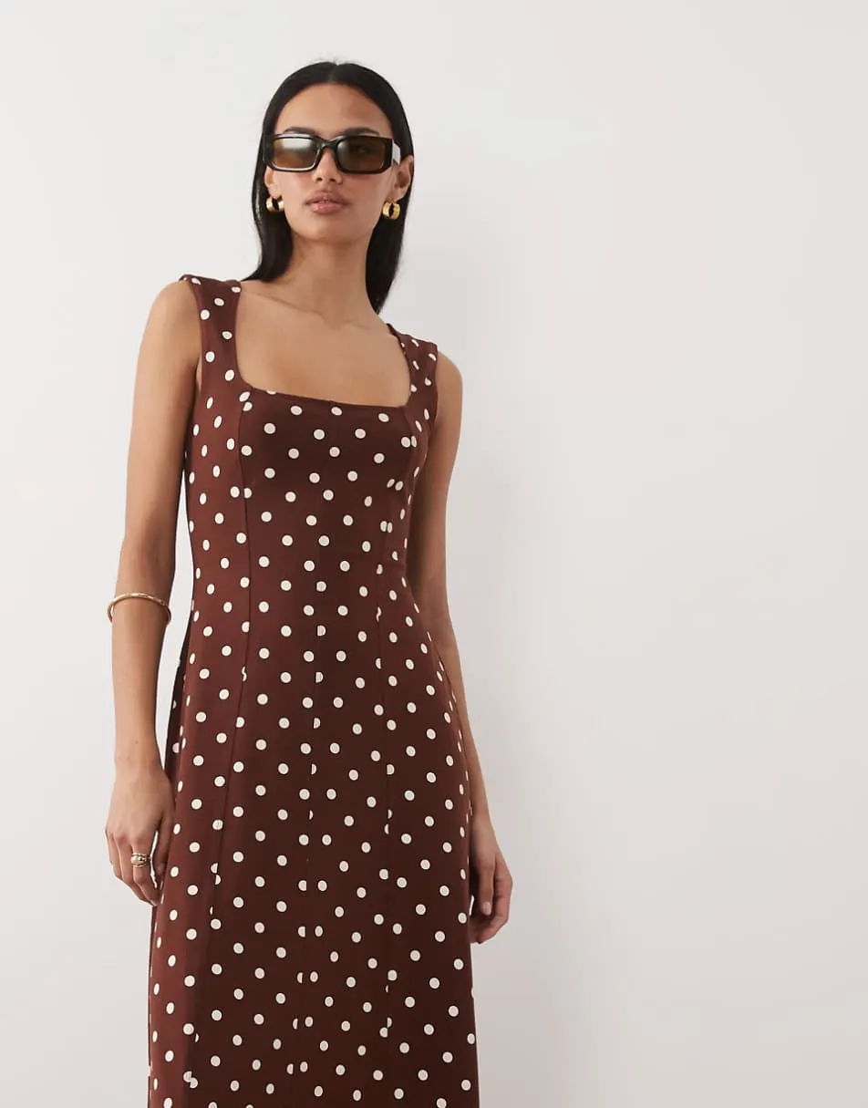 ASOS DESIGN square neck seam detail midi dress in chocolate polka dot