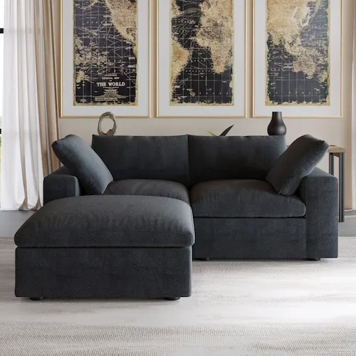 80.3 in. Square Arm 3-Piece Linen L-shaped Sectional Sofa Cloud Couch in Black with Ottoman