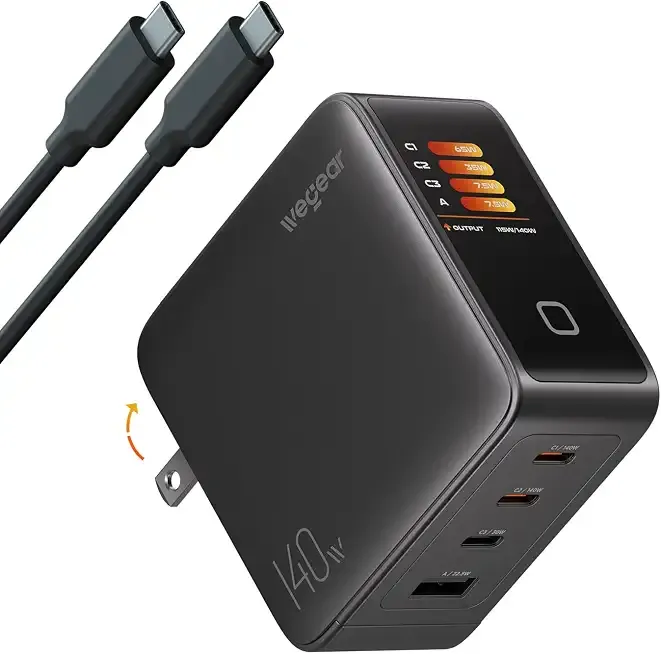 140W GaN USB C Charger Block, 4-Port PD3.1 Fast Wall Charger with Smart Display & Touch Control, Foldable Power Adapter with 240W USB-C Cable for MacBook Pro, iPhone 18/17, iPad, Galaxy S25/S24