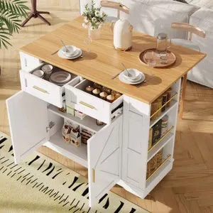 Isla de Cocina Moderna, Buffet, Carro de Almacenaje con Grano de Madera, Mesa Multifuncional con Espacio de Almacenaje y Estantes Extensibles