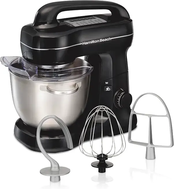 Hamilton Beach 4 Qt Electric Stand Mixer With 7 Speeds, Easy-Carry Handle | Planetary Mixing For Full Bowl Coverage | Splash Guard | 300 Watts | Whisk, Flat Beater, Dough Hook | Mixing Guide | Black