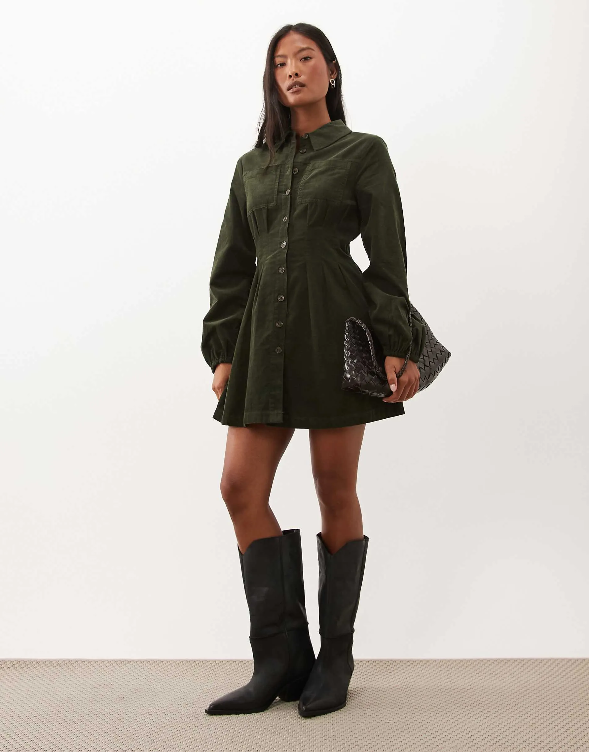Nobody's Child Petite Montego cord button through pocket detail shirt mini dress in dark green