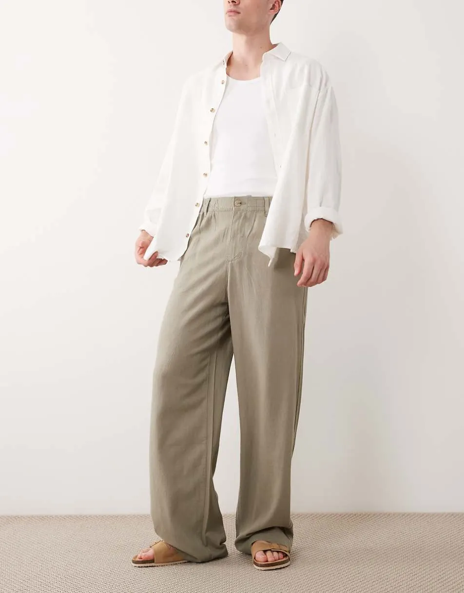 ASOS DESIGN baggy linen blend trousers in khaki