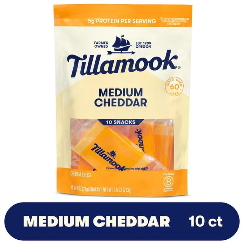 Tillamook Medium Cheddar Cheese Snack Portions, 0.75oz, 10ct