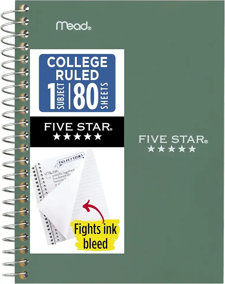 Five Star Spiral Notebook, 1 Subject, College Ruled Paper, 4-3/8" x 7", Personal Size, 80 Sheets, Fights Ink Bleed, Water Resistant Cover, Seaglass Green (450048CH1-ECM)