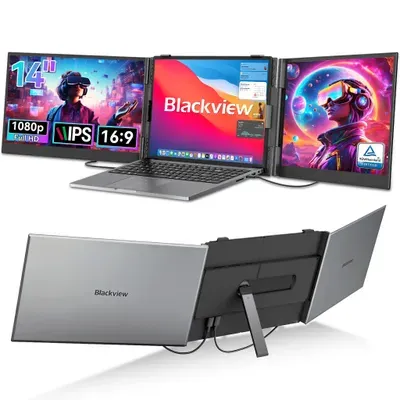Blackview 14" Tragbarer Dual-Screen-Laptopmonitor, ultradünn FHD Computerbildschirm für 13.3"-17,3" Laptops, 180° horizontal drehbar