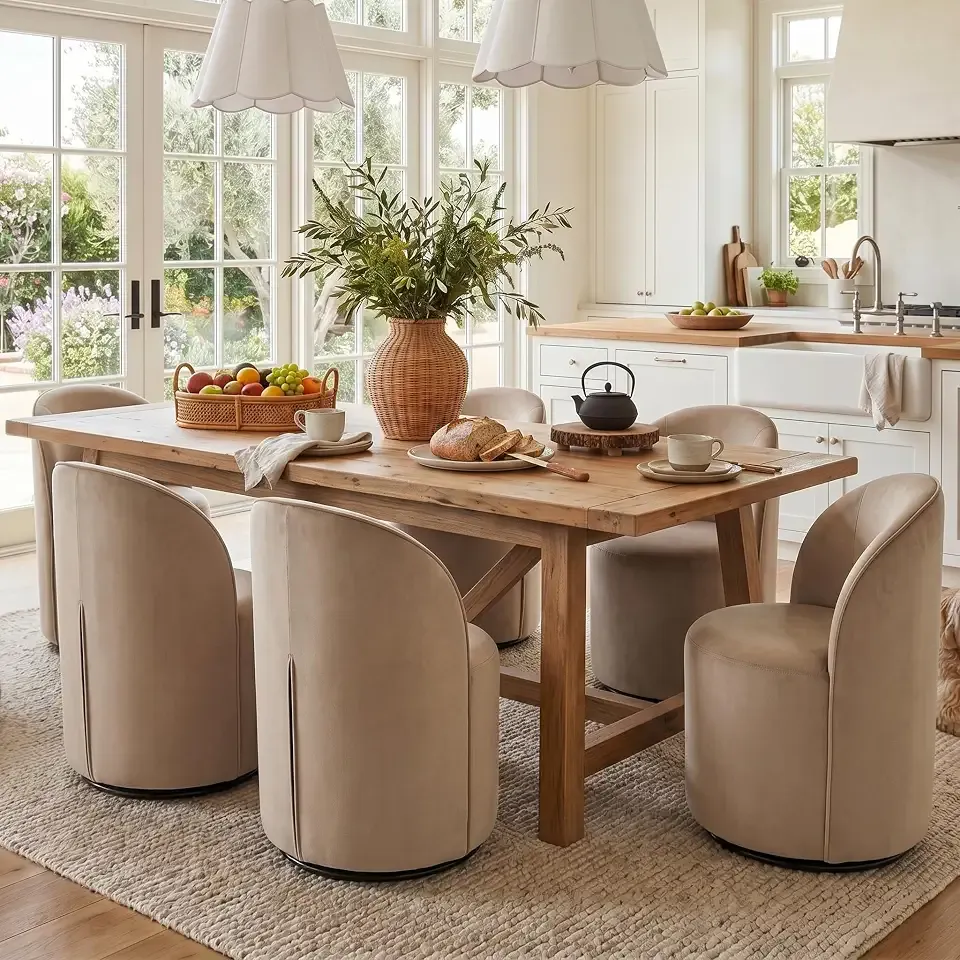 Upholstered Kitchen & Dining Room Barrel Chairs Set of 6, Mid Century Modern Round Velvet Dining Chairs, 360 Degree Swivel Comfy Armless Accent Makeup Vanity Side Chairs for Living Room, Khaki
