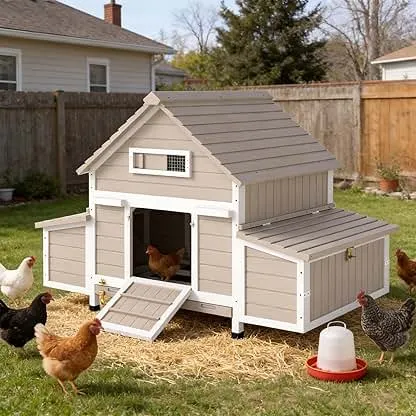Large Chicken Coop Outdoor with Run, Hen House with Nesting Boxes, Rabbit Hutch Poultry Bunny Cage for 2-4 Chickens with Perches, Removable Tray (Grey Chicken Coop 61" L x 33.5" W x 40.2" H) Large Chicken Coop Outdoor with Run, Hen House with Ne…
