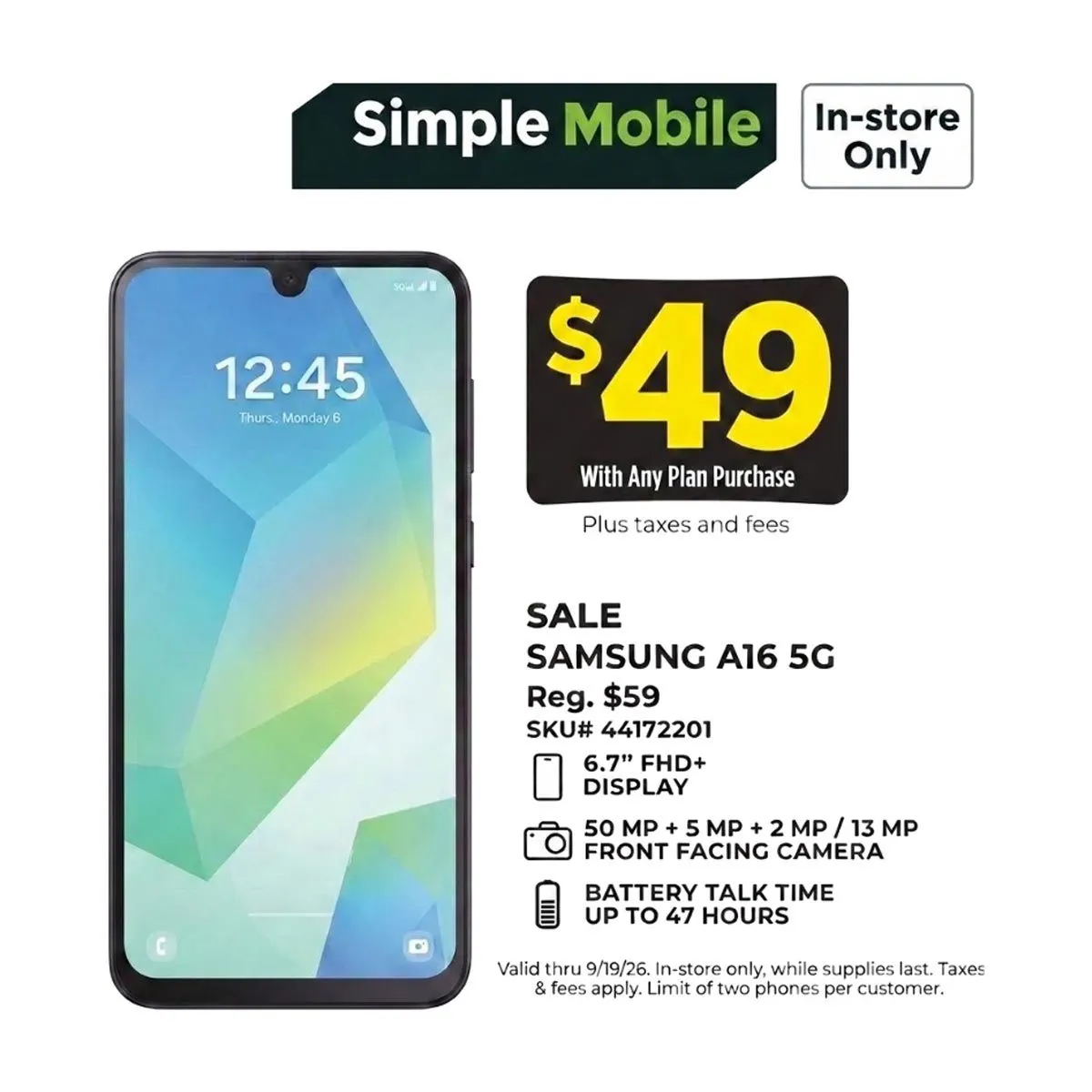Simple Mobile, Samsung Galaxy A16 5G, Prepaid Smartphone, Black, 50 MP Camera, Locked