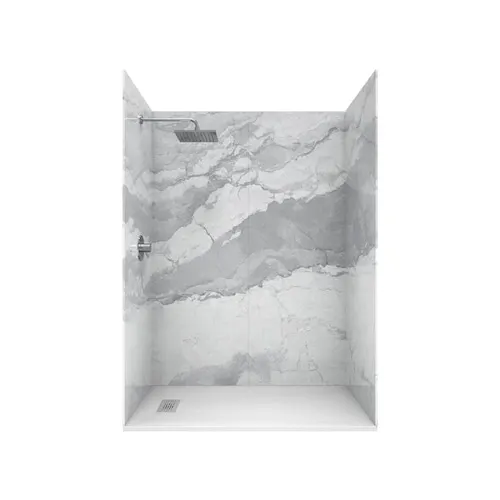 60 L x 32 W x 84 H" Solid Composite Stone Shower Kit- Italian Ice Walls and L/R WH Sand Shower Pan