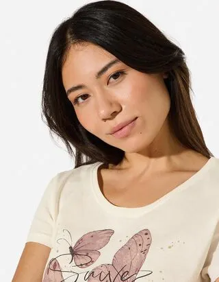 T-shirt - Stampa glitterata - Bianco sporco