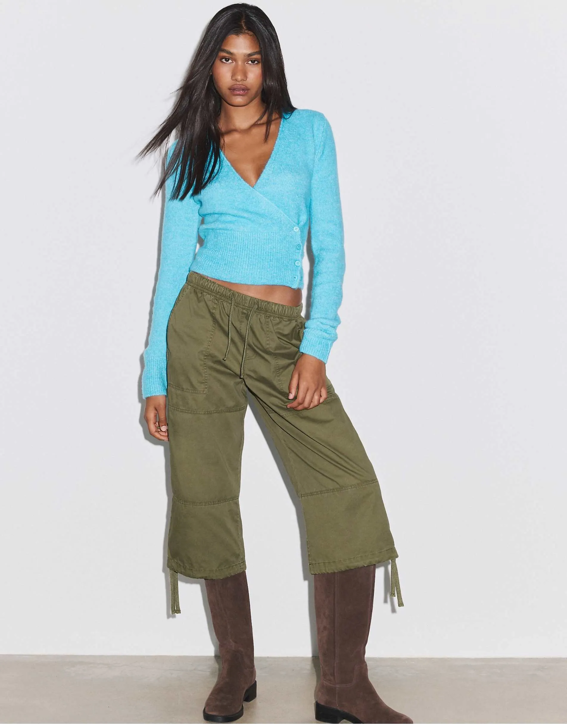 Stradivarius Button-up wrap knit cardigan in turquoise
