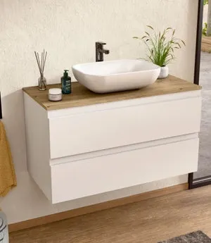 BELLOBATH - Mueble de baño suspendido con lavabo de cerámica, Mueble con 2 Cajones, 100 x 55 x 46 cm, Mueble blanco y tapa roble