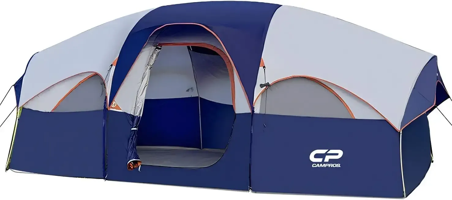 CAMPROS CP 8 Person Camping Tent, Room Divider, Rainfly, Weather Resistant | Family tent with 5 large mesh windows, double-layer design, and a carry bag, 14' x 9' x 72"(H)