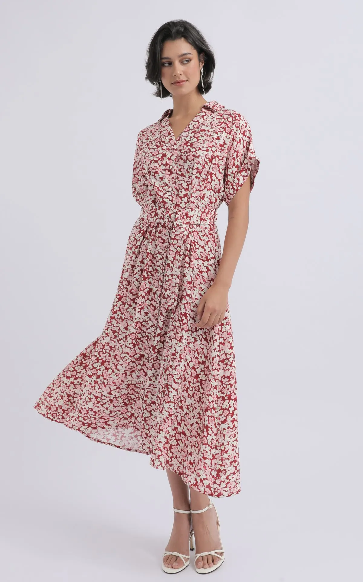 Voile Roll Cuff Belted Shirt Dress