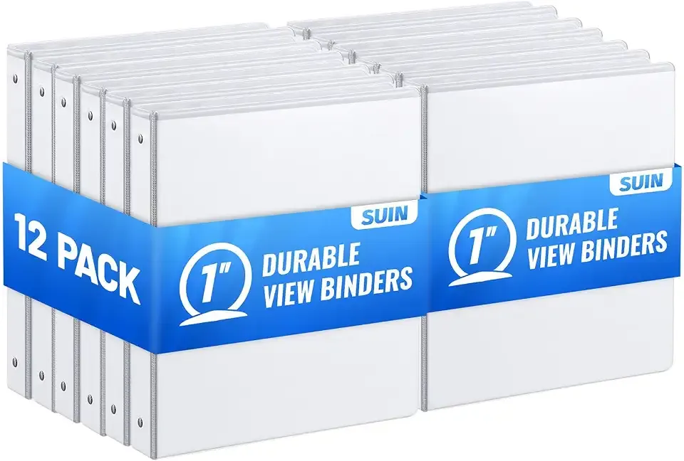 SUIN Bulk 12 Pack 1-inch 3 Ring Binders -Durable 1'' Binders with Roung Ring Binder, Large 200 Sheet Capacity, Fit 8.5" x 11" US Letter Size Paper, White (1'' White - 12 Packs)