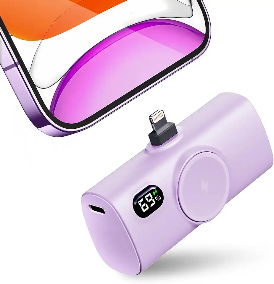 Little Portable Charger Battery Pack for IPhone,Tiny Power Phone Bank 5000mah Compatible with iPhone 14/14plus/14pro/14 pro max/13 pro max/13 pro/13 mini/13 pro max/12/12 mini/12 pro/12 pro max-Purple