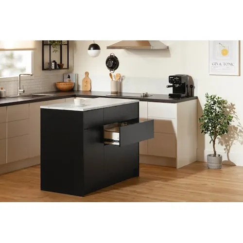 Olio Kitchen Island with Door and Drawers in Matte Black and Faux White Marble, 46.75 in. x 23 in.