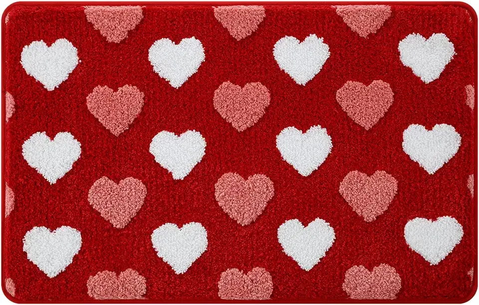 Valentines Bathroom Rug 16x24 Inch, Soft and Absorbent Tufted Love Heart Bath Mat Non Slip Washable, Valentines Day Bathroom Decor Rug Happy Anniversary Decorations