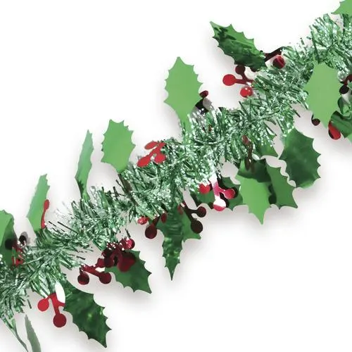 Enchanted Forest® 12' Green Tinsel Christmas Garland with Holly Leaves