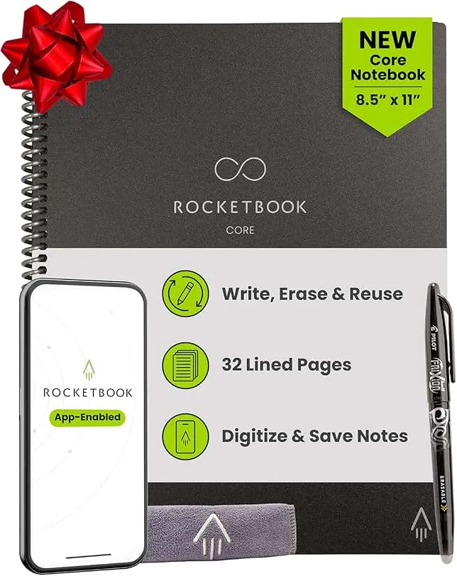 Rocketbook Core Reusable Smart Notebook, Lined Pages For School, Work and Creative Projects, Letter Size 8.5x11, Black - Premium