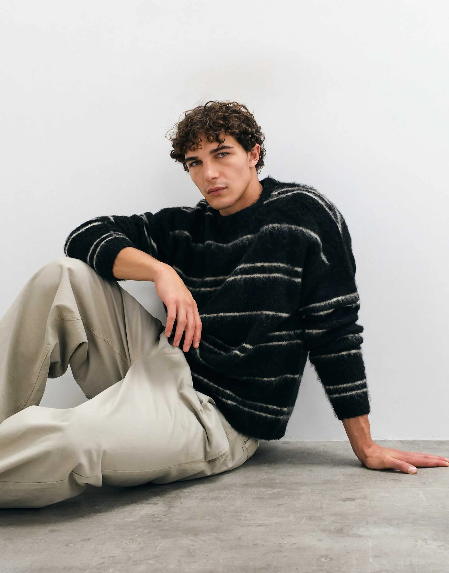 ASOS DESIGN oversized knitted brushed stripe jumper in black
