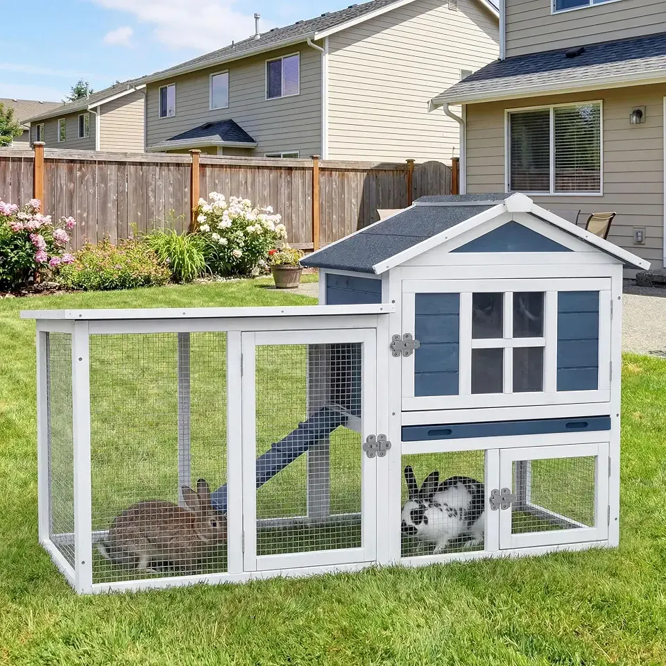 Large Outdoor Rabbit Hutch with Waterproof Asphalt Roof, 54.7” x 22.6” x 34” Wooden Bunny Cage for 2 Rabbits, Guinea Pigs & Chickens, Easy-Clean Pull-Out Tray & Anti-Rust Metal Door