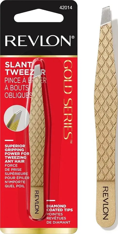 Revlon Gold Series Slant Tip Tweezer, 1 Count | Ultra-sharp slant tip tweezers, diamond and titanium-coated for durability, for eyebrow shaping and hair removal.