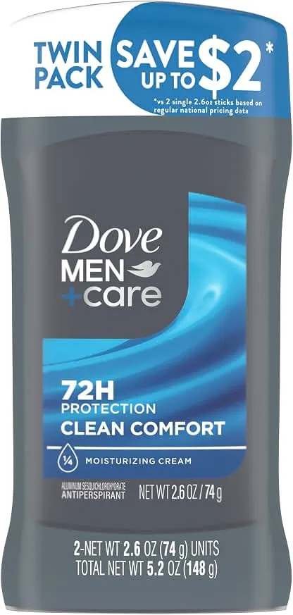 DOVE MEN + CARE Antiperspirant Deodorant Stick Clean Comfort Twin Pack 72-Hour Sweat & Odor Protection Antiperspirant for Men With 1/4 Moisturizing Cream 2.7 oz DOVE MEN + CARE Antiperspirant Deodorant Stic…