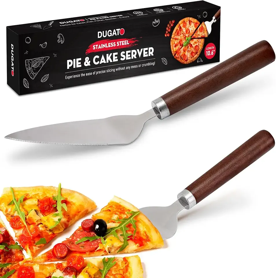 Dugato Pie & Cake Server with Wooden Handle – Stainless Steel Serrated Dessert Spatula for Cutting & Serving Clean Slices – Durable, Food-Safe Kitchen Tool for Cakes, Pizza, Quiche & More
