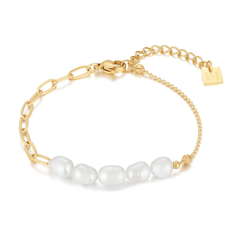 Armband in goudkleurig edelstaal, ovale schakels, bolletjes, zoetwaterparels