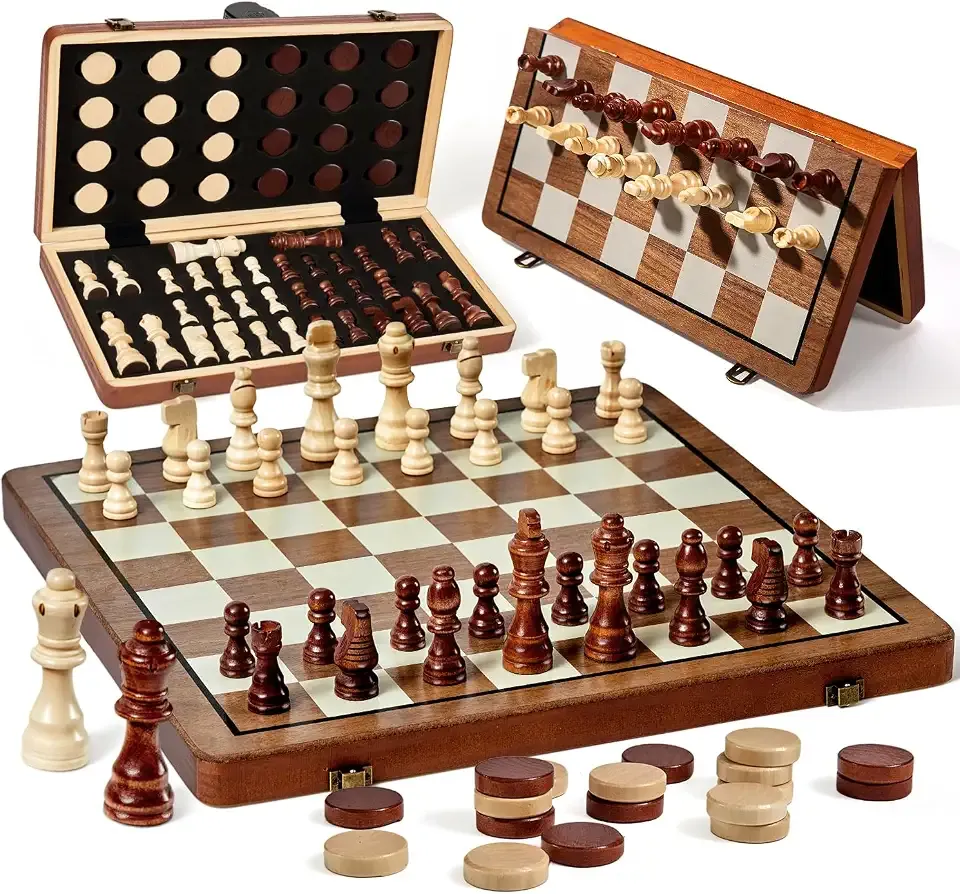 MerryPony 2 in 1 Magnetic Wooden Chess & Checkers Set, 15" Foldable Board | Magnetic Chess Pieces, Checkers Non-Magnetic, Portable Set, Storage Slots, 2 Extra Queens, Beginner Chess for Kids & Adults